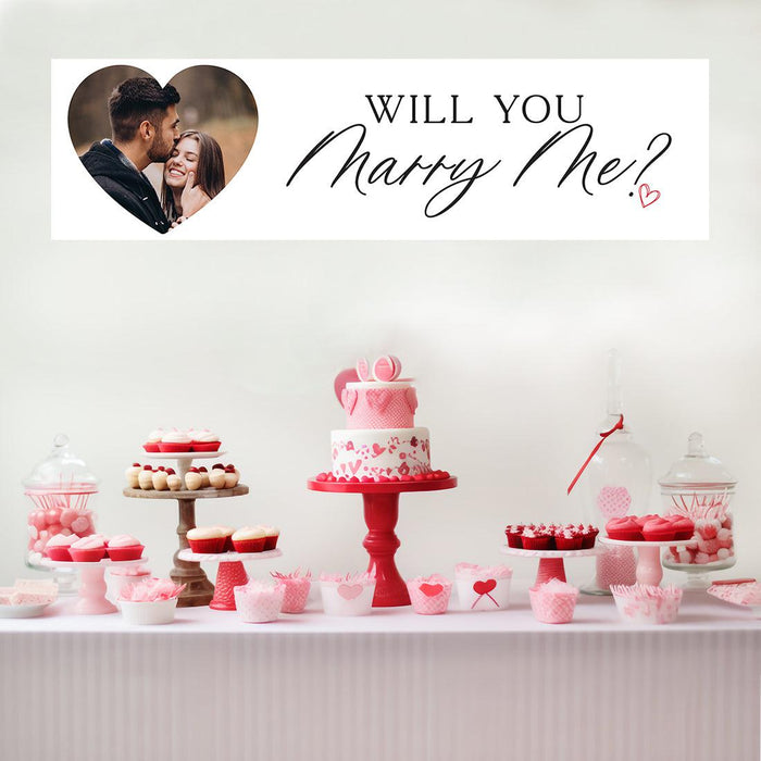 Custom Photo Will You Marry Me Sign Banner, Proposal and Valentine's Day Decor Ideas, Set of 1-Set of 1-Andaz Press-Red Hearts Photo Will You Marry Me?-