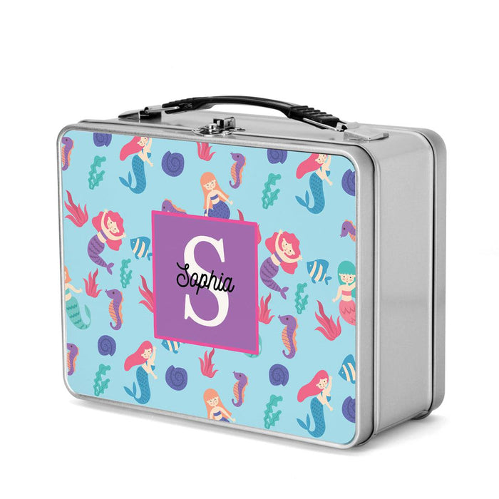 Custom Retro Style Stainless Steel Kids Lunch Box, Set of 1-Set of 1-Andaz Press-Pink & Purple Dinosaurs-