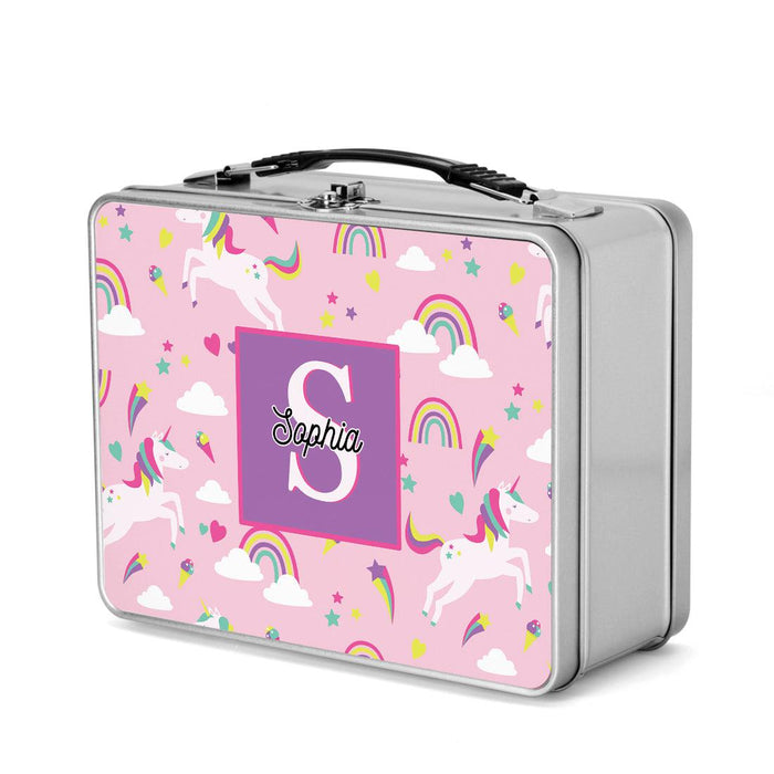 Custom Retro Style Stainless Steel Kids Lunch Box, Set of 1-Set of 1-Andaz Press-Pink & Purple Dinosaurs-