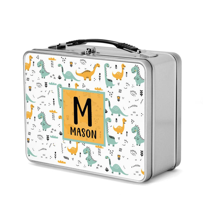 Custom Retro Style Stainless Steel Kids Lunch Box, Set of 1-Set of 1-Andaz Press-Pink & Purple Dinosaurs-