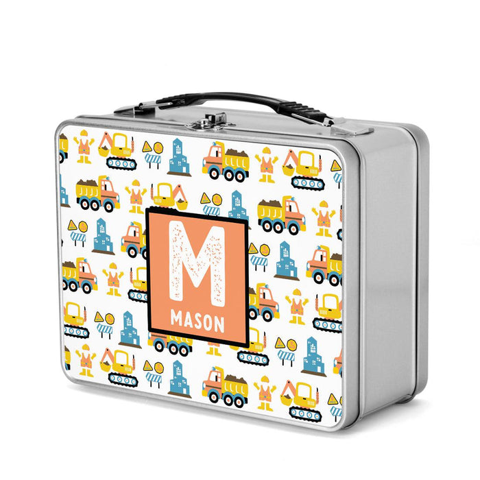 Custom Retro Style Stainless Steel Kids Lunch Box, Set of 1-Set of 1-Andaz Press-Construction Vehicles-