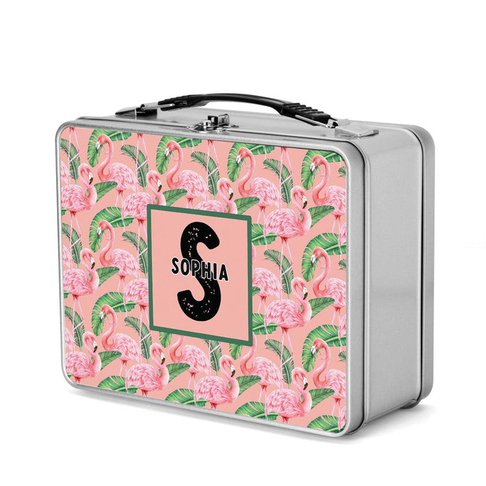 Custom Retro Style Stainless Steel Kids Lunch Box, Set of 1-Set of 1-Andaz Press-Flamingos & Palm Leaves-