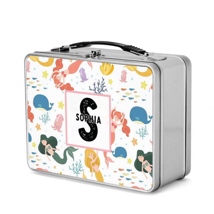 Custom Retro Style Stainless Steel Kids Lunch Box, Set of 1-Set of 1-Andaz Press-Mermaid Under the Sea-