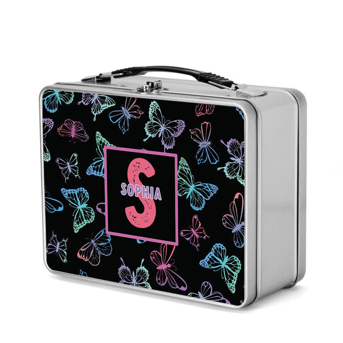 Custom Retro Style Stainless Steel Kids Lunch Box, Set of 1-Set of 1-Andaz Press-Neon Butterflies-