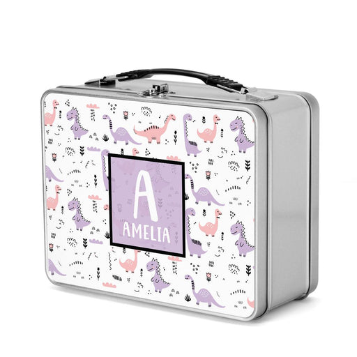 Custom Retro Style Stainless Steel Kids Lunch Box, Set of 1-Set of 1-Andaz Press-Pink & Purple Dinosaurs-
