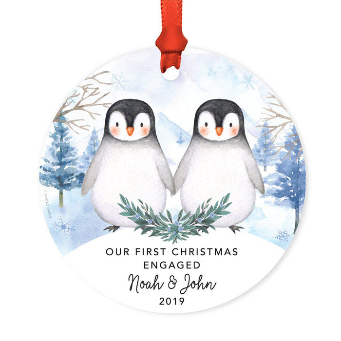 Custom Round Christmas Ornament, Baby Miller Due, Watercolor Winter Penguins on Snow-Set of 1-Andaz Press-Engaged Mr. & Mr.-