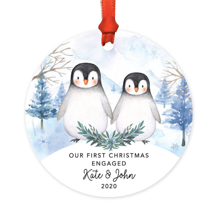 Custom Round Christmas Ornament, Baby Miller Due, Watercolor Winter Penguins on Snow-Set of 1-Andaz Press-First Christmas Engaged Mr. & Mrs.-