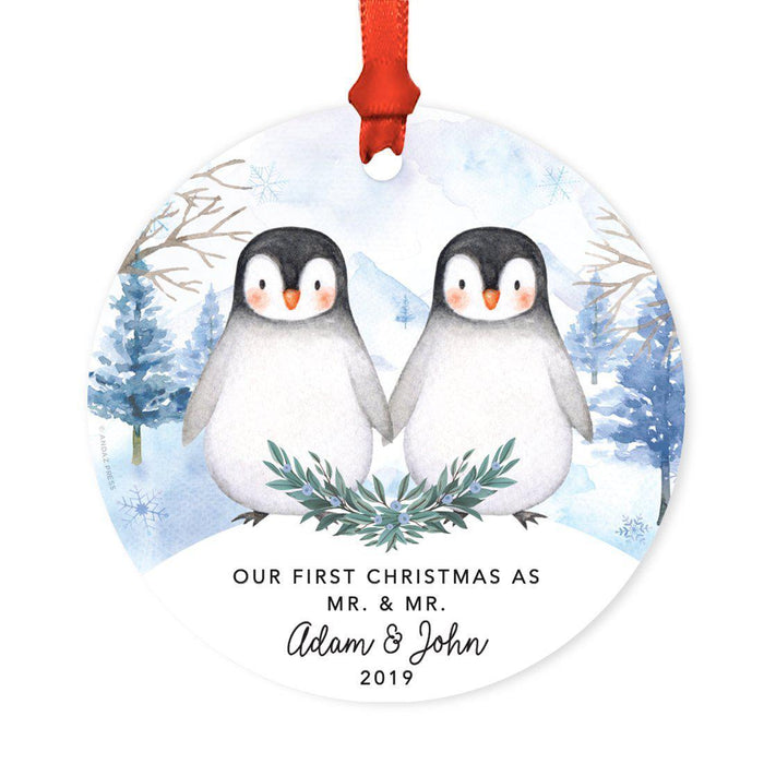 Custom Round Christmas Ornament, Baby Miller Due, Watercolor Winter Penguins on Snow-Set of 1-Andaz Press-Wedding Mr. & Mr.-