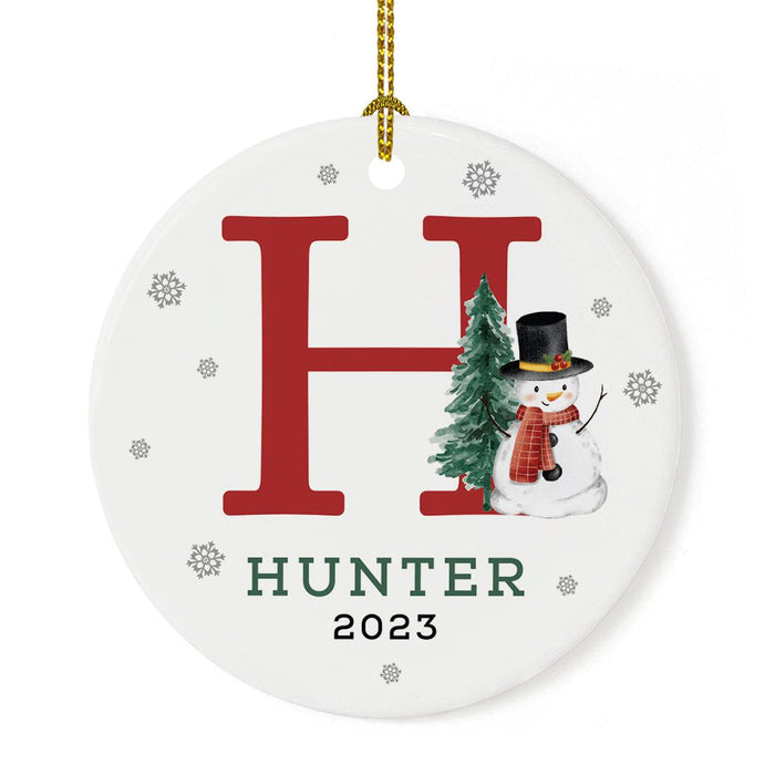 Custom Snowman Round Porcelain Christmas Ornament, Monogram Letter with Custom Name, Set of 1-Set of 1-Andaz Press-Monogram A-