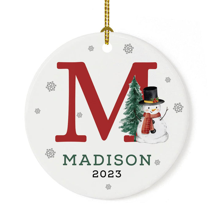 Custom Snowman Round Porcelain Christmas Ornament, Monogram Letter with Custom Name, Set of 1-Set of 1-Andaz Press-Monogram A-