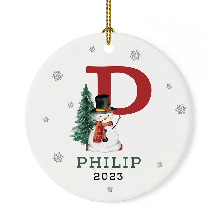 Custom Snowman Round Porcelain Christmas Ornament, Monogram Letter with Custom Name, Set of 1-Set of 1-Andaz Press-Monogram A-