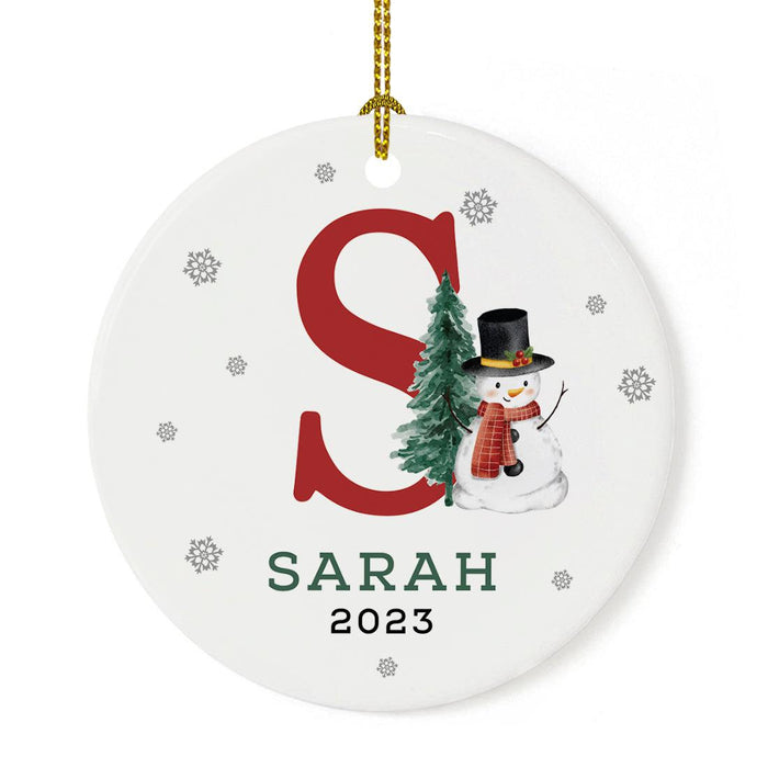 Custom Snowman Round Porcelain Christmas Ornament, Monogram Letter with Custom Name, Set of 1-Set of 1-Andaz Press-Monogram A-