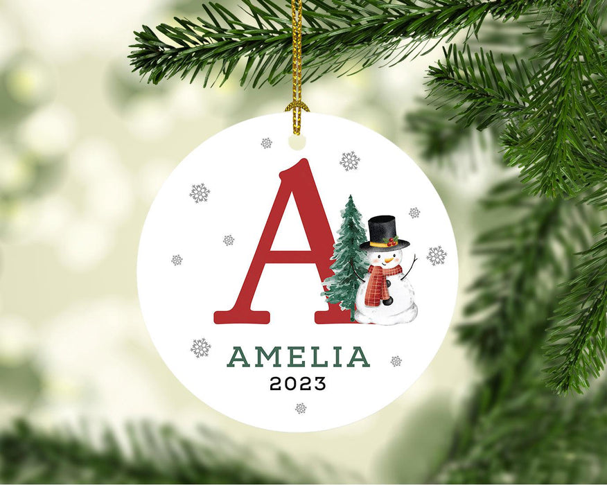 Custom Snowman Round Porcelain Christmas Ornament, Monogram Letter with Custom Name, Set of 1-Set of 1-Andaz Press-Monogram A-