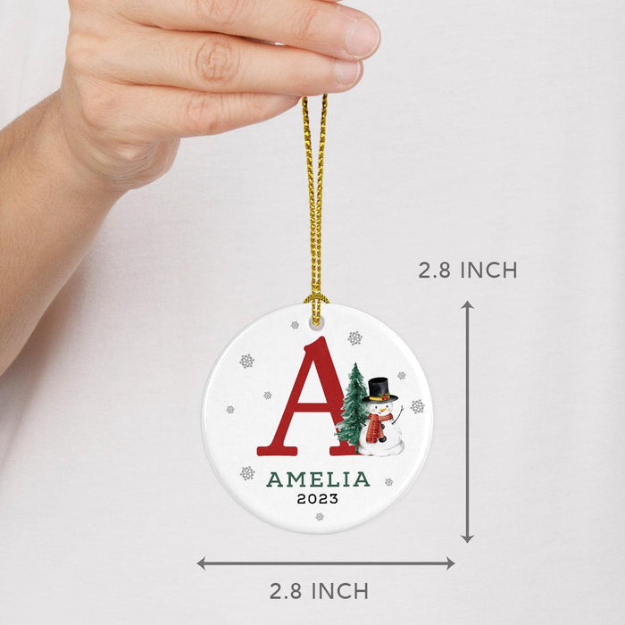 Custom Snowman Round Porcelain Christmas Ornament, Monogram Letter with Custom Name, Set of 1-Set of 1-Andaz Press-Monogram A-
