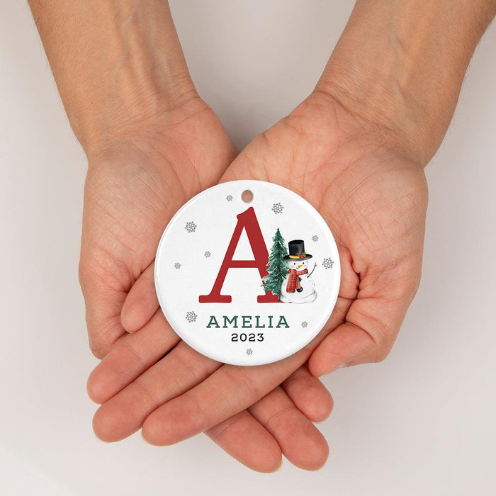 Custom Snowman Round Porcelain Christmas Ornament, Monogram Letter with Custom Name, Set of 1-Set of 1-Andaz Press-Monogram A-