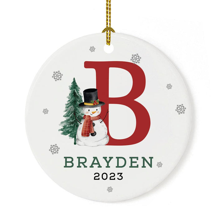 Custom Snowman Round Porcelain Christmas Ornament, Monogram Letter with Custom Name, Set of 1-Set of 1-Andaz Press-Monogram A-