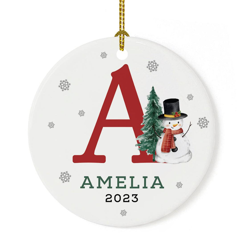 Custom Snowman Round Porcelain Christmas Ornament, Monogram Letter with Custom Name, Set of 1-Set of 1-Andaz Press-Monogram A-