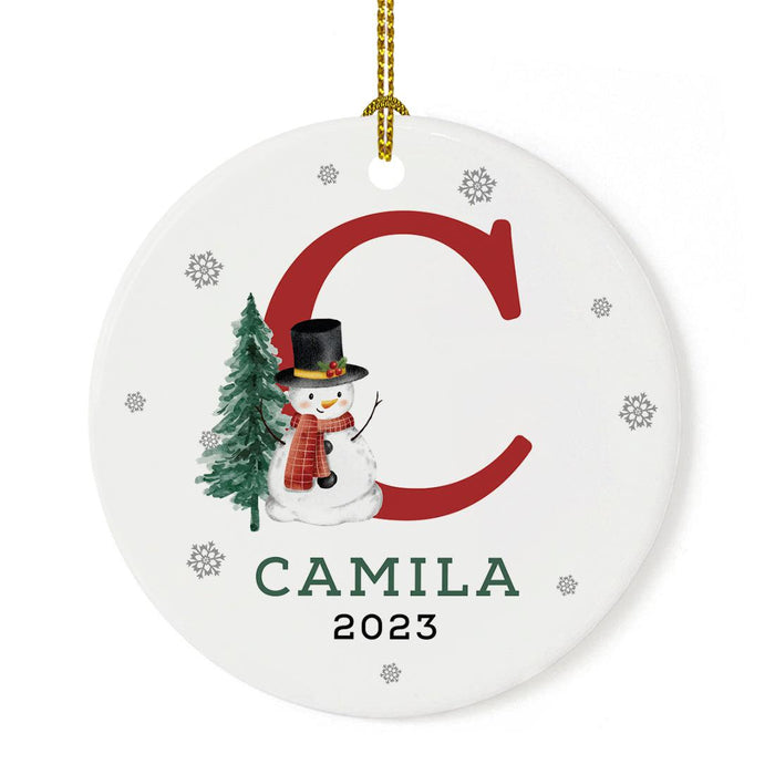 Custom Snowman Round Porcelain Christmas Ornament, Monogram Letter with Custom Name, Set of 1-Set of 1-Andaz Press-Monogram C-