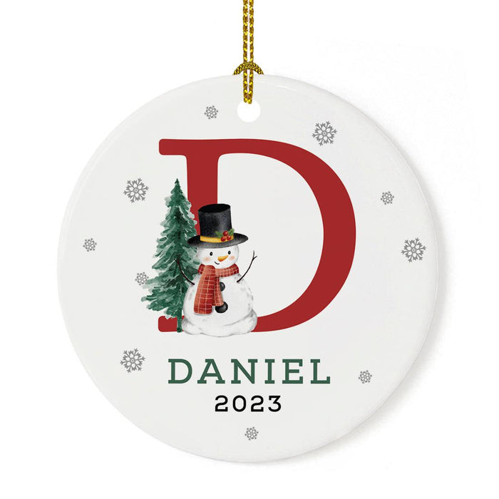 Custom Snowman Round Porcelain Christmas Ornament, Monogram Letter with Custom Name, Set of 1-Set of 1-Andaz Press-Monogram D-