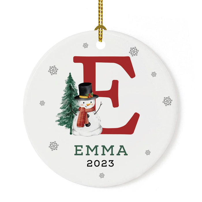 Custom Snowman Round Porcelain Christmas Ornament, Monogram Letter with Custom Name, Set of 1-Set of 1-Andaz Press-Monogram E-