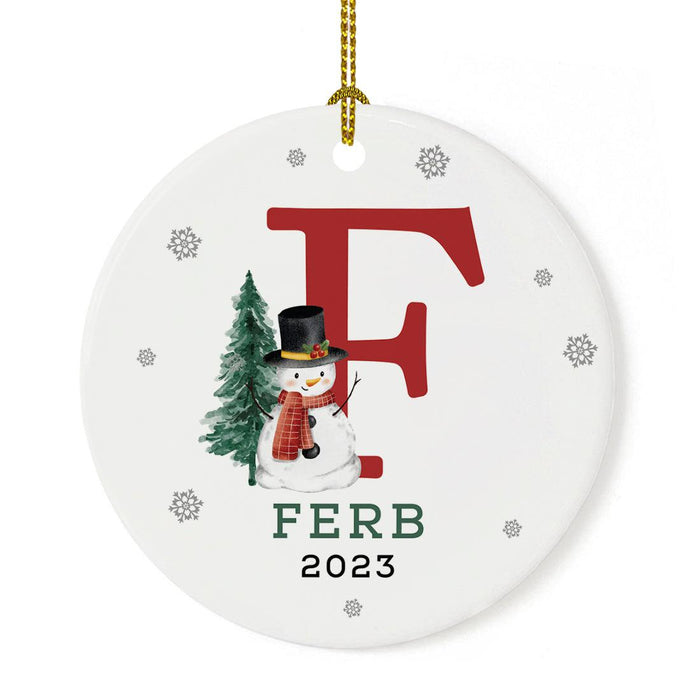 Custom Snowman Round Porcelain Christmas Ornament, Monogram Letter with Custom Name, Set of 1-Set of 1-Andaz Press-Monogram F-
