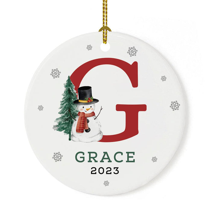 Custom Snowman Round Porcelain Christmas Ornament, Monogram Letter with Custom Name, Set of 1-Set of 1-Andaz Press-Monogram G-