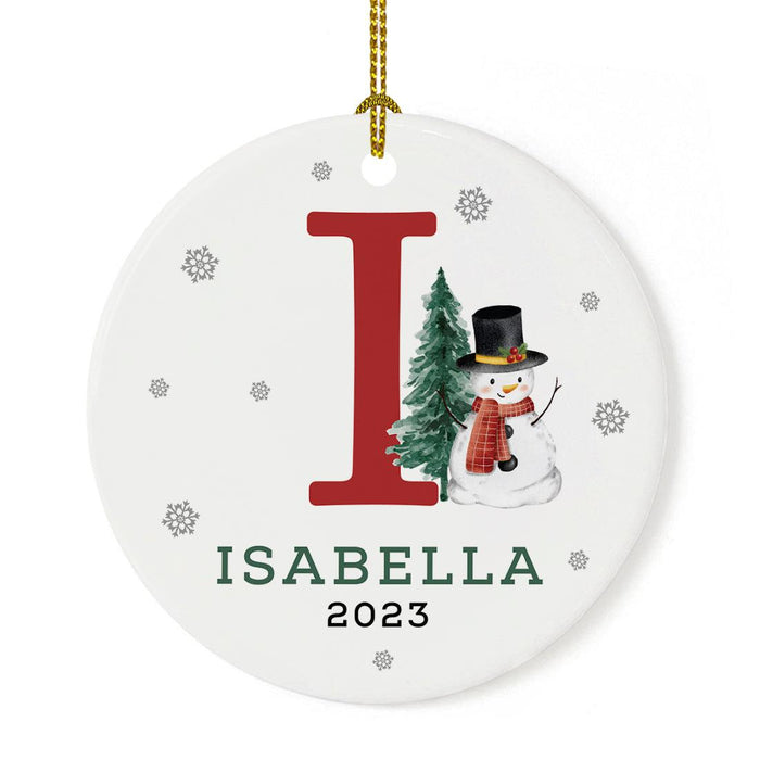 Custom Snowman Round Porcelain Christmas Ornament, Monogram Letter with Custom Name, Set of 1-Set of 1-Andaz Press-Monogram I-