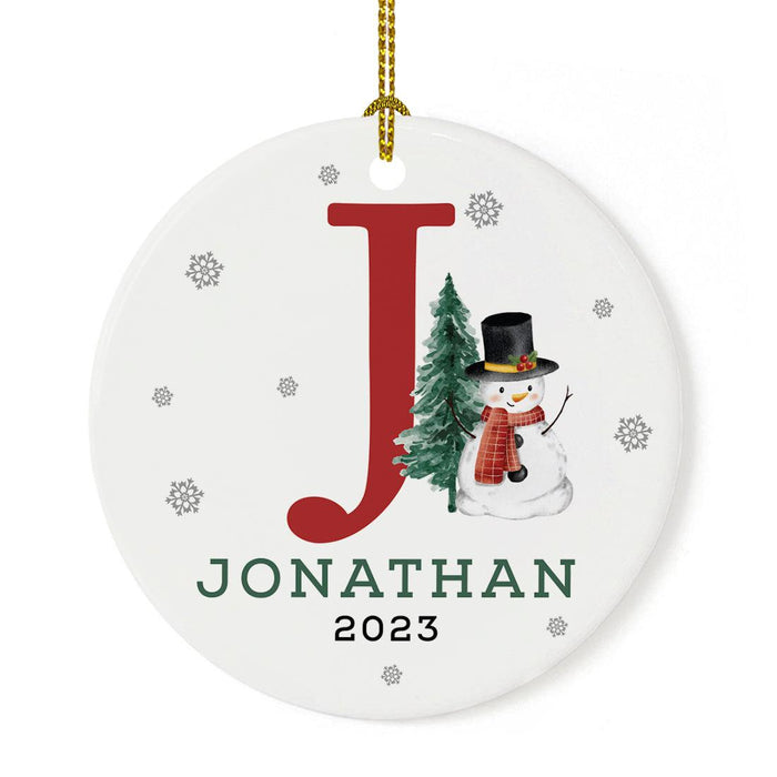 Custom Snowman Round Porcelain Christmas Ornament, Monogram Letter with Custom Name, Set of 1-Set of 1-Andaz Press-Monogram J-