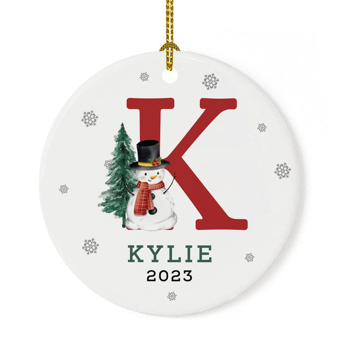 Custom Snowman Round Porcelain Christmas Ornament, Monogram Letter with Custom Name, Set of 1-Set of 1-Andaz Press-Monogram K-