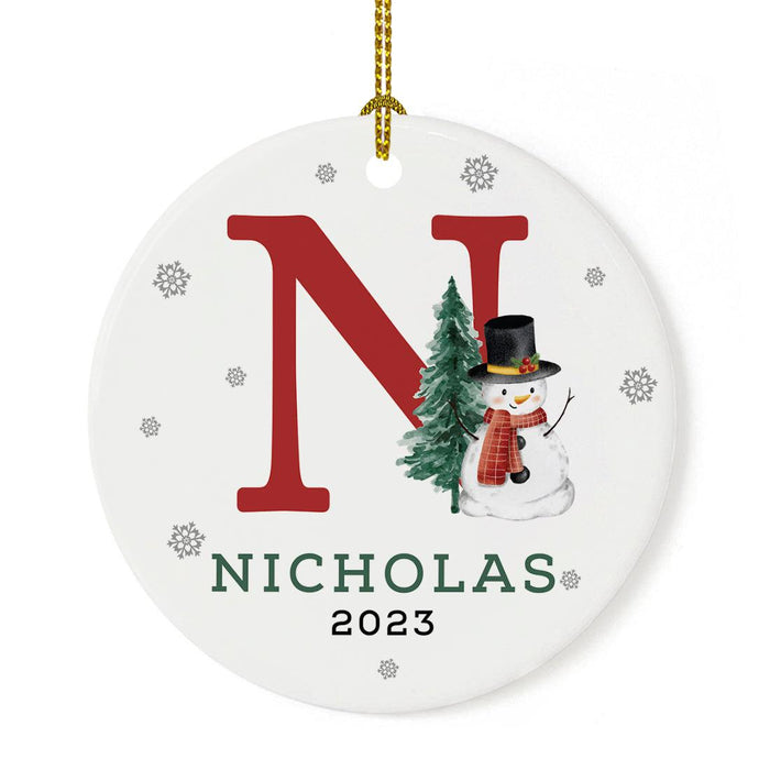 Custom Snowman Round Porcelain Christmas Ornament, Monogram Letter with Custom Name, Set of 1-Set of 1-Andaz Press-Monogram N-