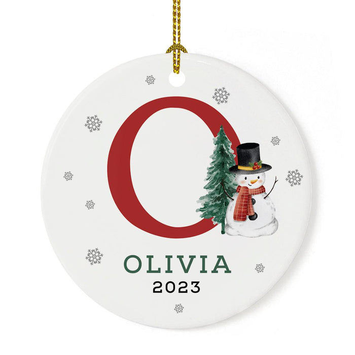 Custom Snowman Round Porcelain Christmas Ornament, Monogram Letter with Custom Name, Set of 1-Set of 1-Andaz Press-Monogram O-