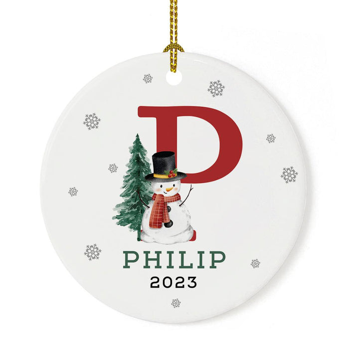 Custom Snowman Round Porcelain Christmas Ornament, Monogram Letter with Custom Name, Set of 1-Set of 1-Andaz Press-Monogram P-