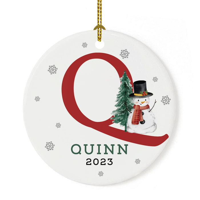 Custom Snowman Round Porcelain Christmas Ornament, Monogram Letter with Custom Name, Set of 1-Set of 1-Andaz Press-Monogram Q-