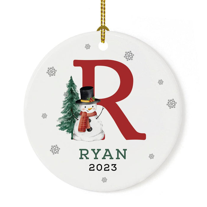 Custom Snowman Round Porcelain Christmas Ornament, Monogram Letter with Custom Name, Set of 1-Set of 1-Andaz Press-Monogram R-