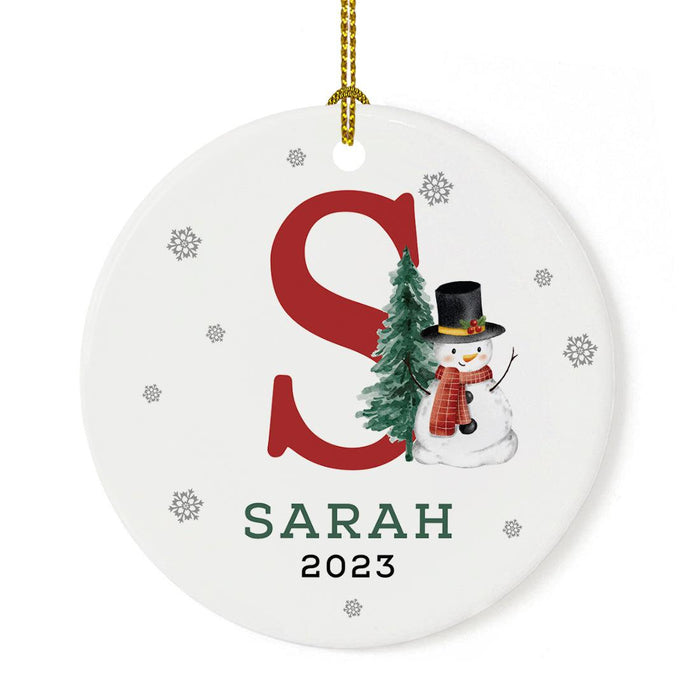 Custom Snowman Round Porcelain Christmas Ornament, Monogram Letter with Custom Name, Set of 1-Set of 1-Andaz Press-Monogram S-
