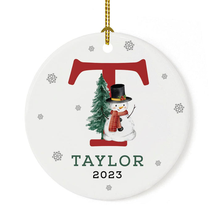 Custom Snowman Round Porcelain Christmas Ornament, Monogram Letter with Custom Name, Set of 1-Set of 1-Andaz Press-Monogram T-