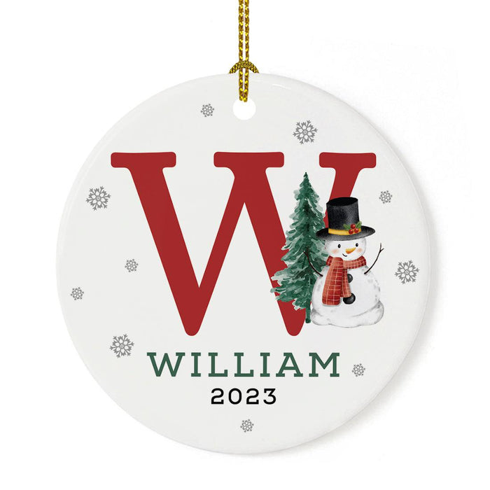 Custom Snowman Round Porcelain Christmas Ornament, Monogram Letter with Custom Name, Set of 1-Set of 1-Andaz Press-Monogram W-