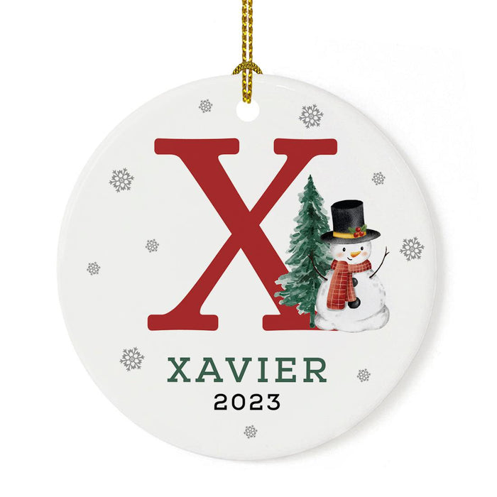 Custom Snowman Round Porcelain Christmas Ornament, Monogram Letter with Custom Name, Set of 1-Set of 1-Andaz Press-Monogram X-