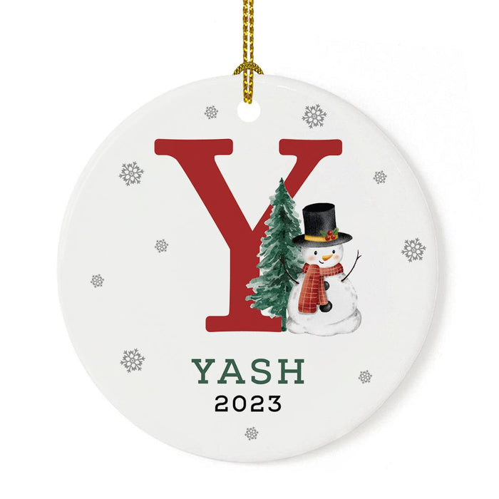 Custom Snowman Round Porcelain Christmas Ornament, Monogram Letter with Custom Name, Set of 1-Set of 1-Andaz Press-Monogram Y-