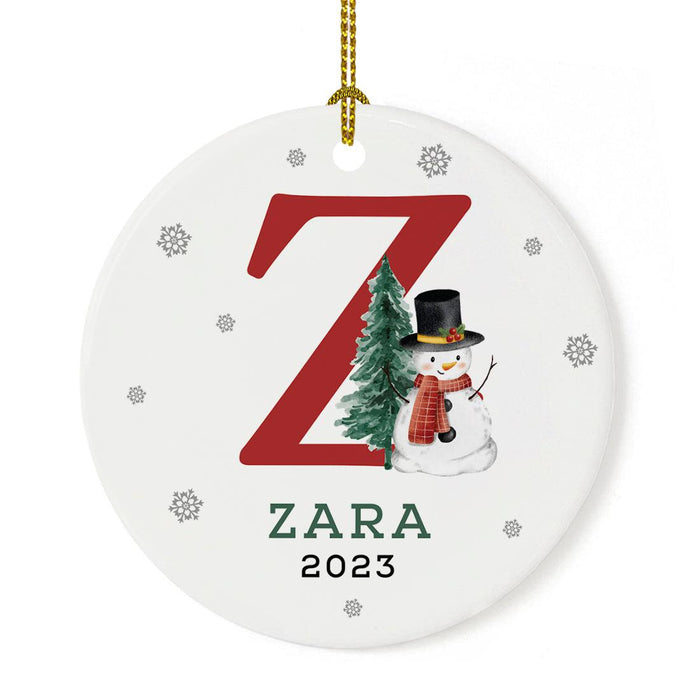 Custom Snowman Round Porcelain Christmas Ornament, Monogram Letter with Custom Name, Set of 1-Set of 1-Andaz Press-Monogram Z-