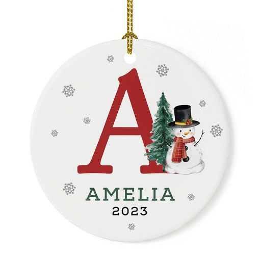 Custom Snowman Round Porcelain Christmas Ornament, Monogram Letter with Custom Name, Set of 1-Set of 1-Andaz Press-Monogram A-