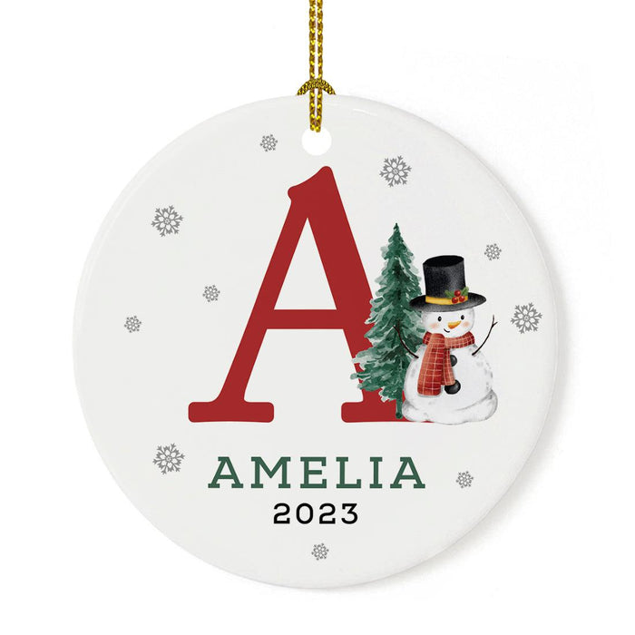 Custom Snowman Round Porcelain Christmas Ornament, Monogram Letter with Custom Name, Set of 1-Set of 1-Andaz Press-Monogram A-