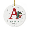 Custom Snowman Round Porcelain Christmas Ornament, Monogram Letter with Custom Name, Set of 1-Set of 1-Andaz Press-Monogram A-
