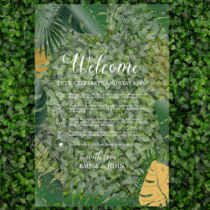 Custom Social Distance Clear Acrylic Wedding Party Signs, White Text, 16 x 24 Inches-Set of 1-Andaz Press-Welcome Tropical-