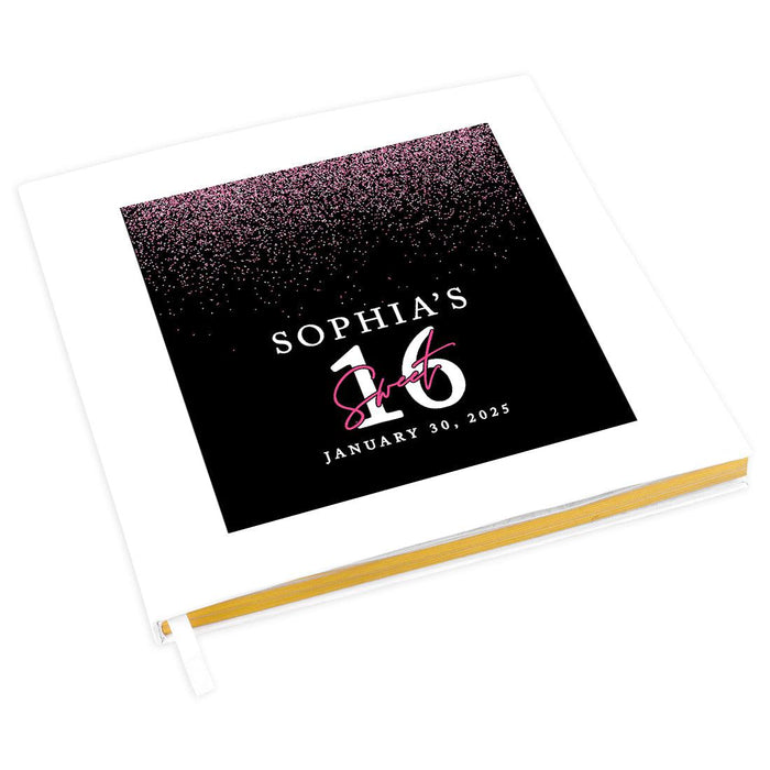 Custom Sweet 16 Guestbook with Gold Accents, Hard Cover Photo Album, Set of 1-Set of 1-Andaz Press-Black & Fuschia Glitter-
