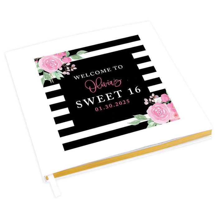 Custom Sweet 16 Guestbook with Gold Accents, Hard Cover Photo Album, Set of 1-Set of 1-Andaz Press-Black & White Stripes-