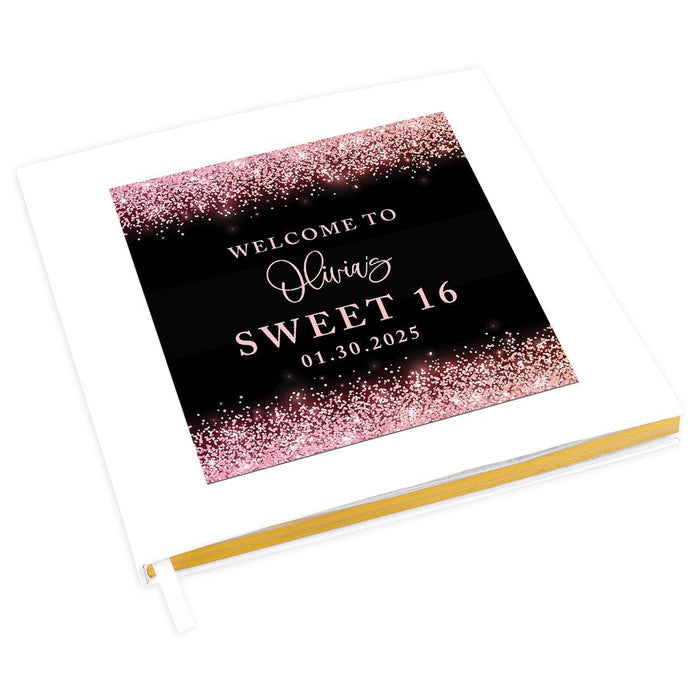 Custom Sweet 16 Guestbook with Gold Accents, Hard Cover Photo Album, Set of 1-Set of 1-Andaz Press-Black and Rose Gold Glitter-