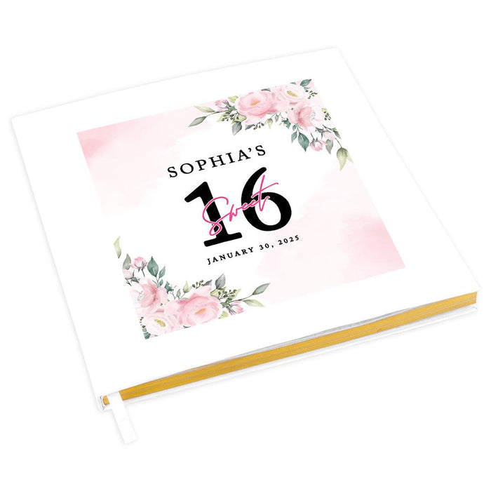Custom Sweet 16 Guestbook with Gold Accents, Hard Cover Photo Album, Set of 1-Set of 1-Andaz Press-Blush Pink Florals-