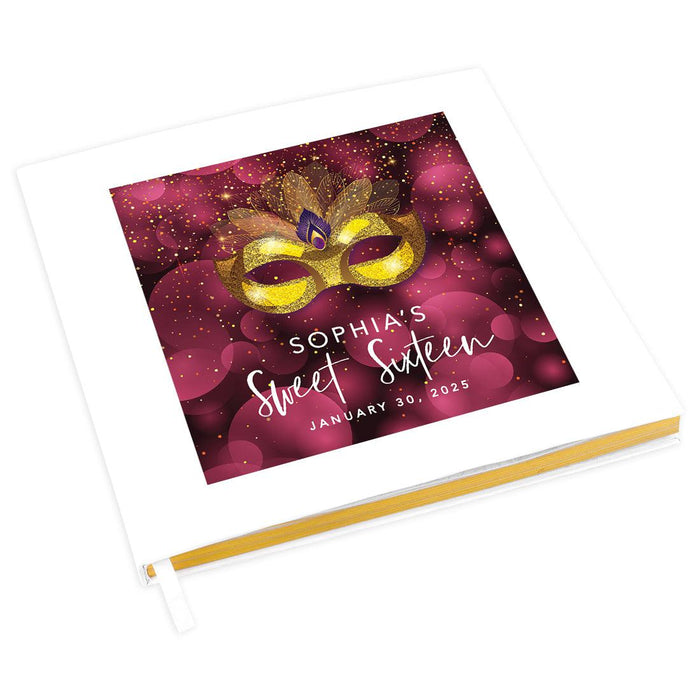 Custom Sweet 16 Guestbook with Gold Accents, Hard Cover Photo Album, Set of 1-Set of 1-Andaz Press-Masquerade Theme-