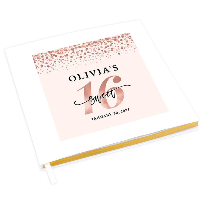 Custom Sweet 16 Guestbook with Gold Accents, Hard Cover Photo Album, Set of 1-Set of 1-Andaz Press-Rose Gold Confetti-